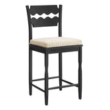 Lennox Oak Wood Counter Stool With Wavy Razor Back and Cushion in Black Oatmeal Stripe
