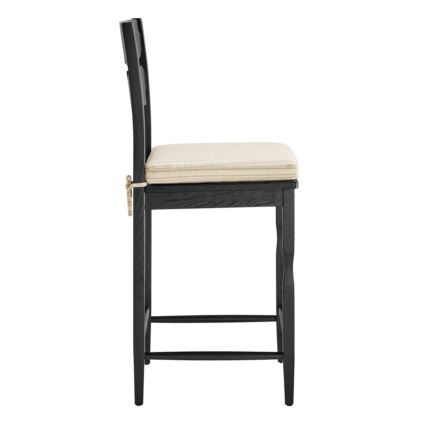 Lennox Oak Wood Counter Stool With Wavy Razor Back and Cushion in Black Oatmeal Stripe