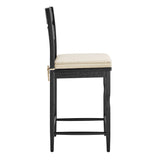 Lennox Oak Wood Counter Stool With Wavy Razor Back and Cushion in Black Oatmeal Stripe