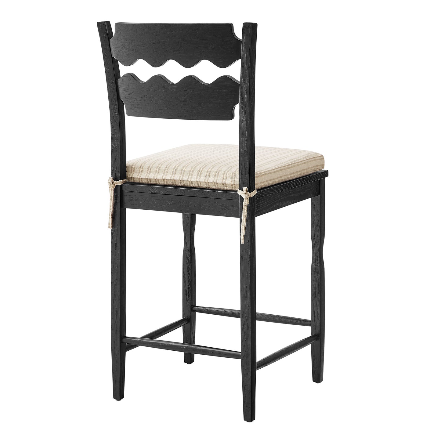 Lennox Oak Wood Counter Stool With Wavy Razor Back and Cushion in Black Oatmeal Stripe