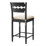 Lennox Oak Wood Counter Stool With Wavy Razor Back and Cushion in Black Oatmeal Stripe