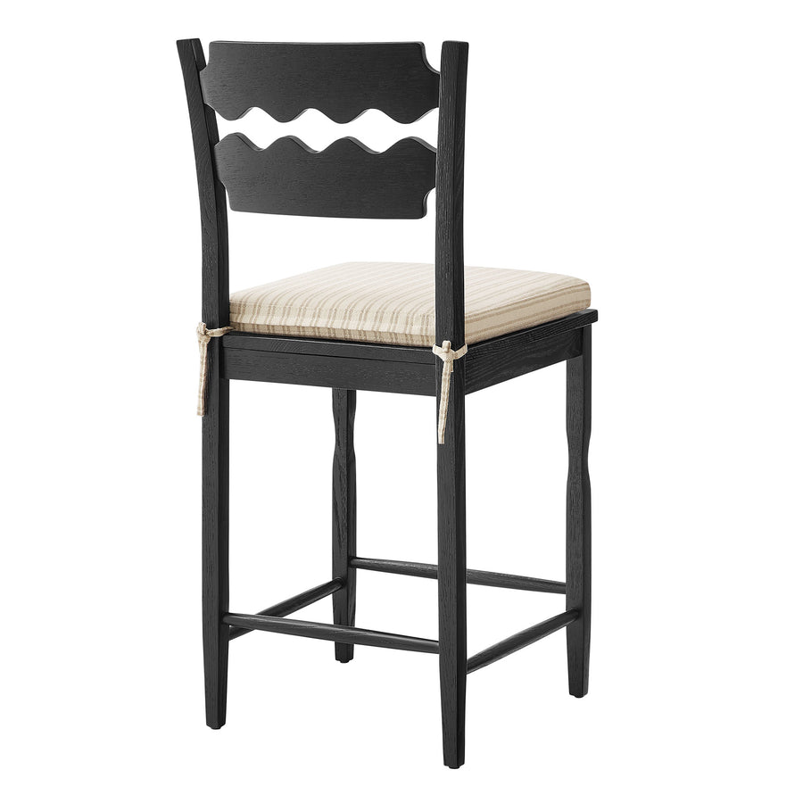 Lennox Oak Wood Counter Stool With Wavy Razor Back and Cushion in Black Oatmeal Stripe