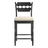 Lennox Oak Wood Counter Stool With Wavy Razor Back and Cushion in Black Oatmeal Stripe