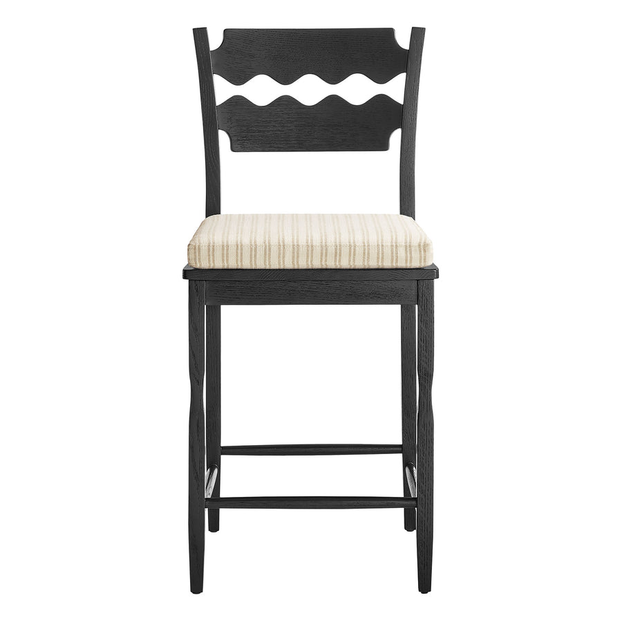 Lennox Oak Wood Counter Stool With Wavy Razor Back and Cushion in Black Oatmeal Stripe