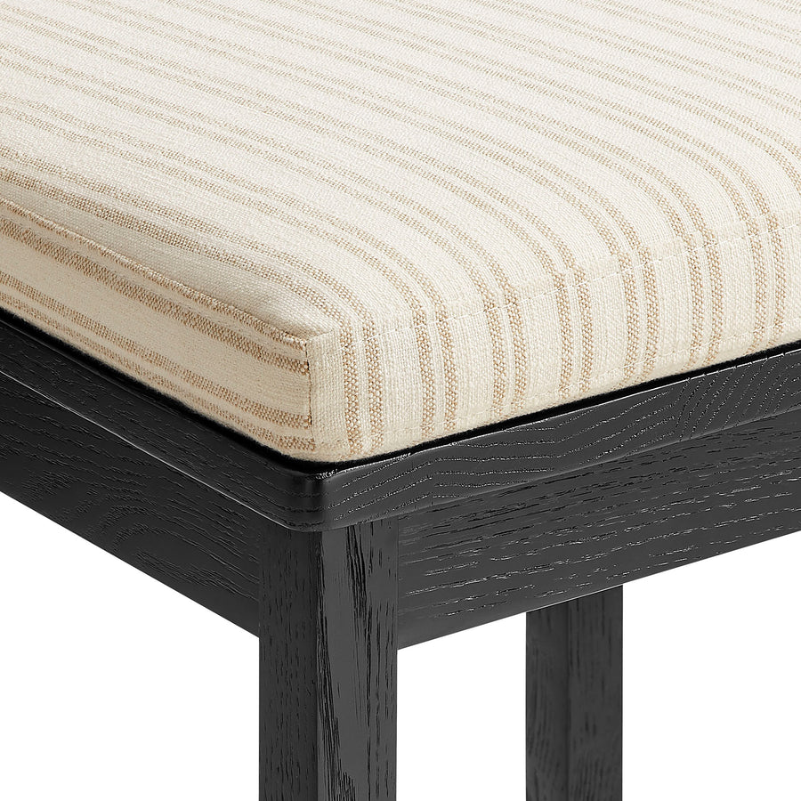 Lennox Oak Wood Counter Stool With Wavy Razor Back and Cushion in Black Oatmeal Stripe