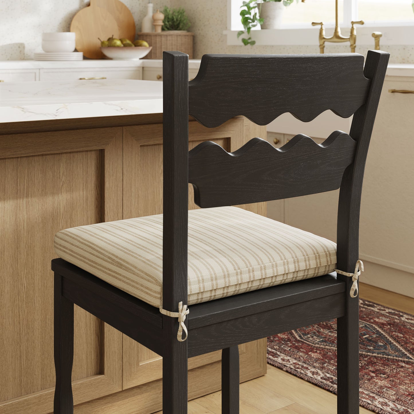 Lennox Oak Wood Counter Stool With Wavy Razor Back and Cushion in Black Oatmeal Stripe