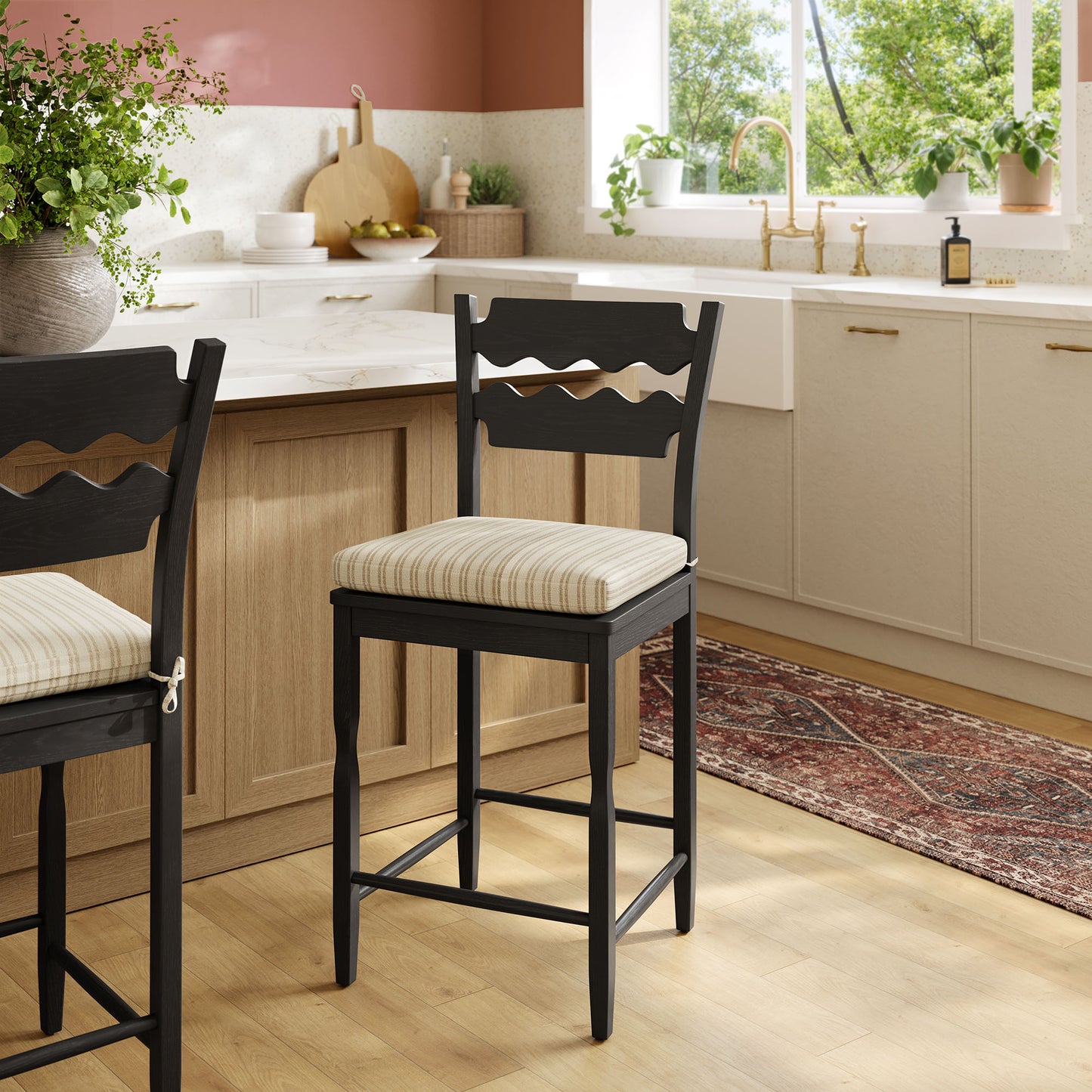 Lennox Oak Wood Counter Stool With Wavy Razor Back and Cushion in Black Oatmeal Stripe
