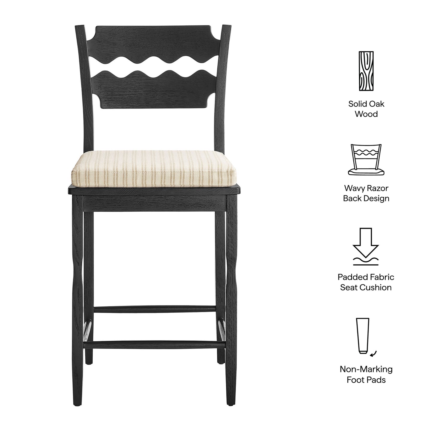 Lennox Oak Wood Counter Stool With Wavy Razor Back and Cushion in Black Oatmeal Stripe