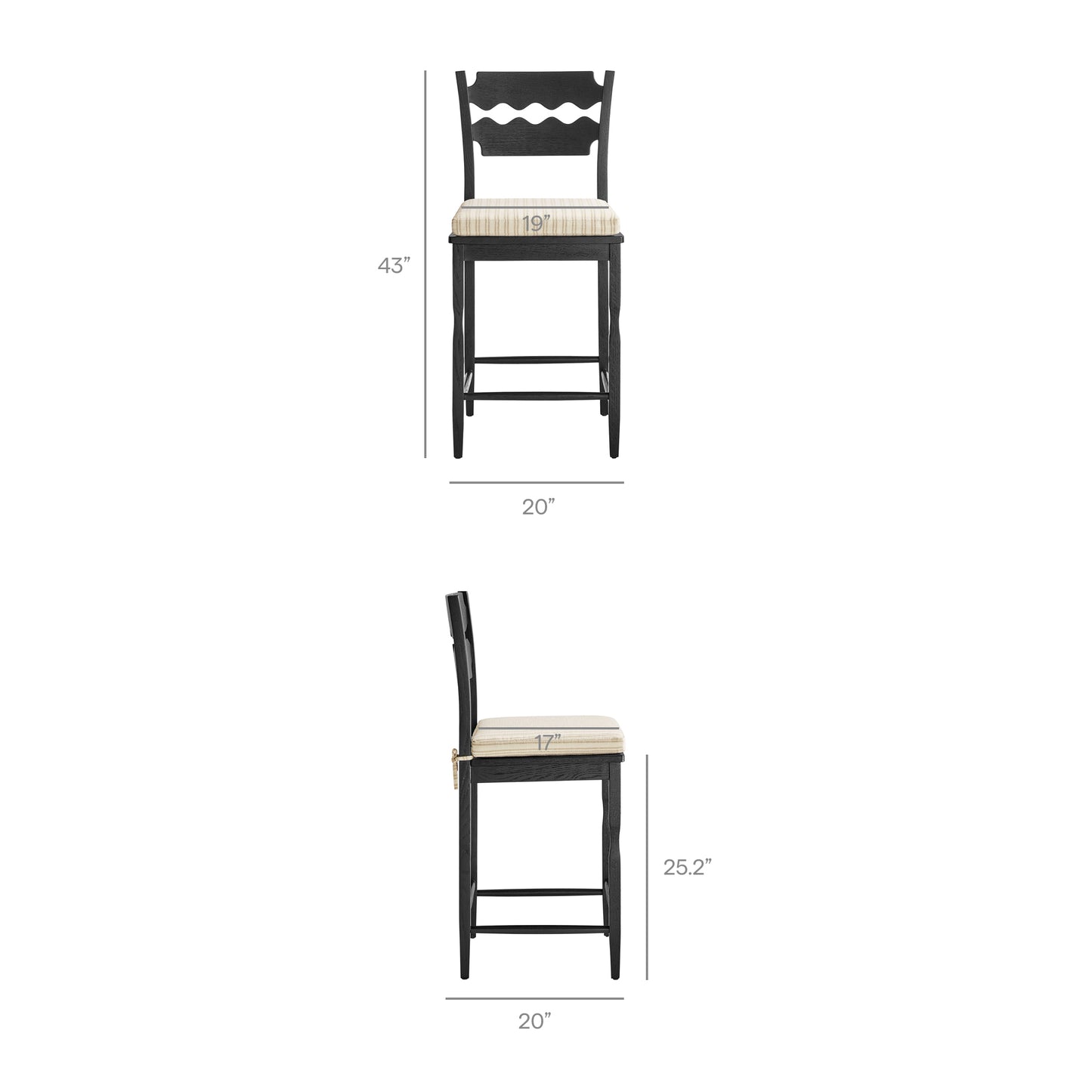 Lennox Oak Wood Counter Stool With Wavy Razor Back and Cushion in Black Oatmeal Stripe