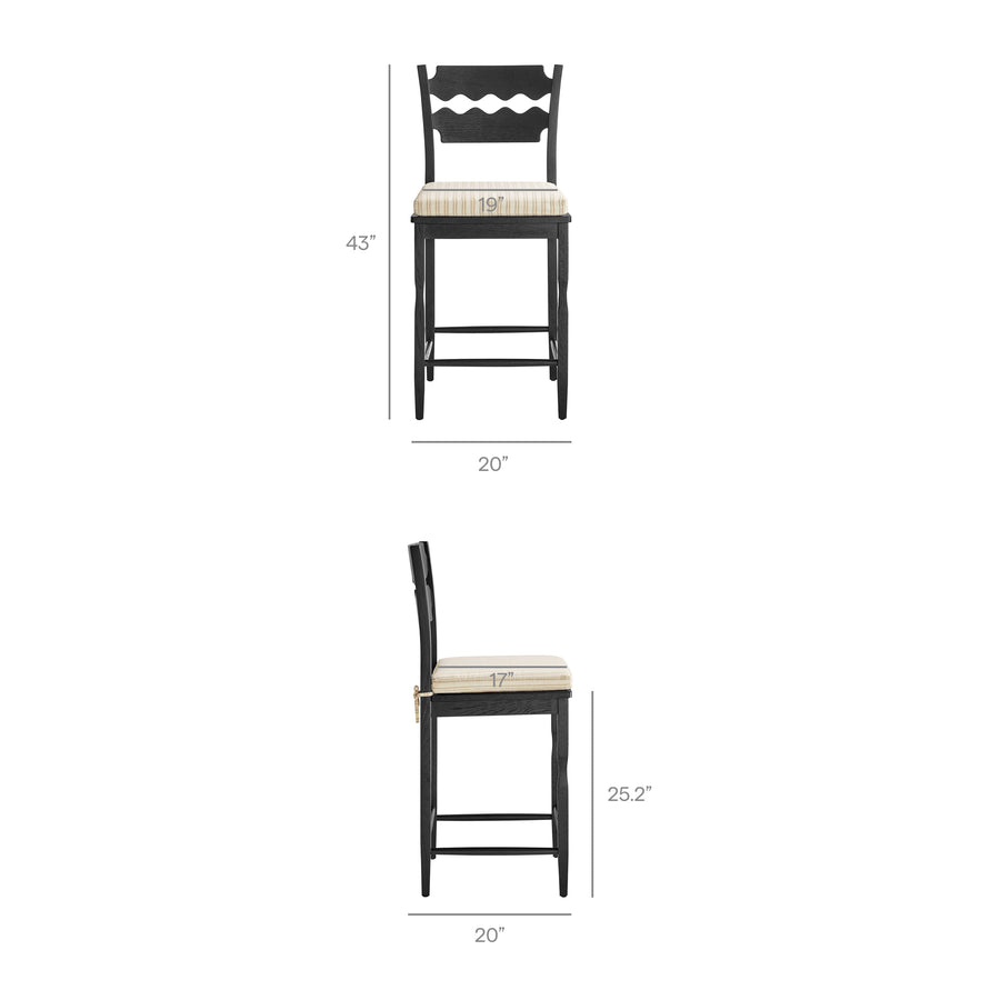 Lennox Oak Wood Counter Stool With Wavy Razor Back and Cushion in Black Oatmeal Stripe
