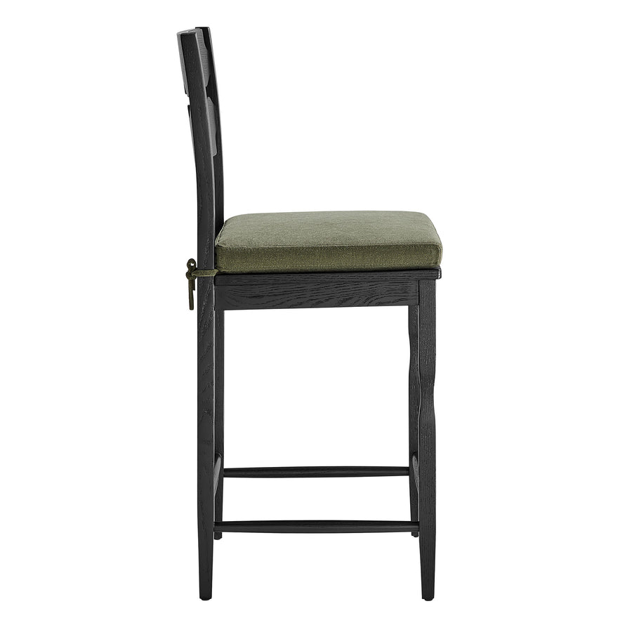 Lennox Oak Wood Counter Stool With Wavy Razor Back and Cushion in Black Sage