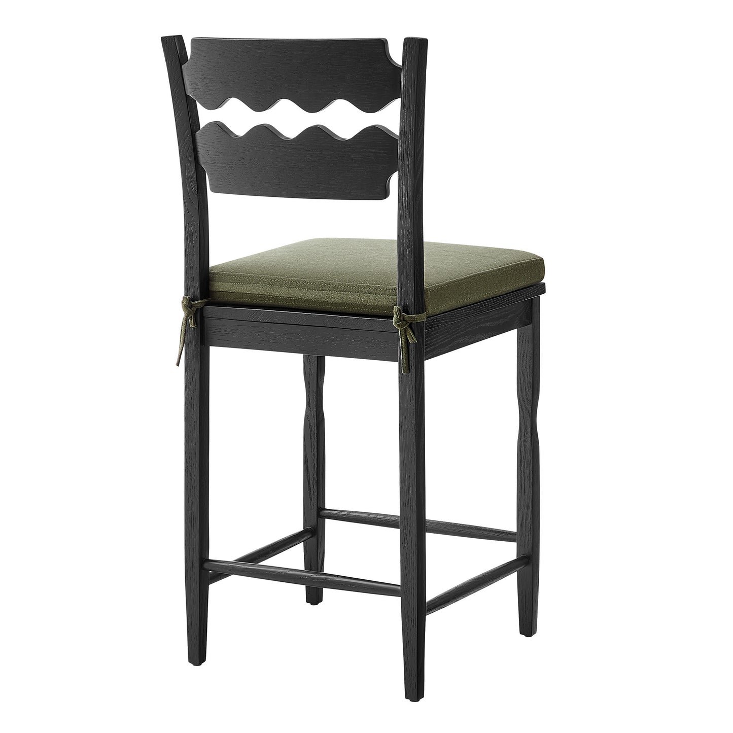 Lennox Oak Wood Counter Stool With Wavy Razor Back and Cushion in Black Sage