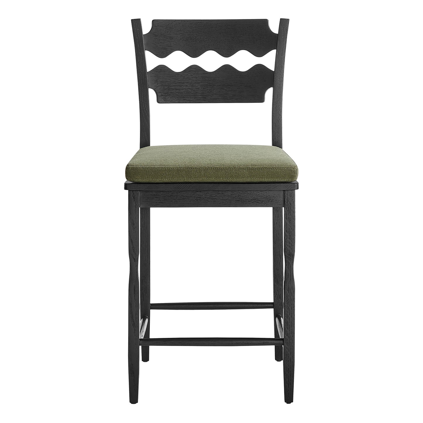 Lennox Oak Wood Counter Stool With Wavy Razor Back and Cushion in Black Sage