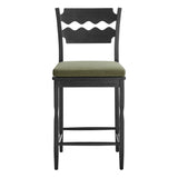 Lennox Oak Wood Counter Stool With Wavy Razor Back and Cushion in Black Sage
