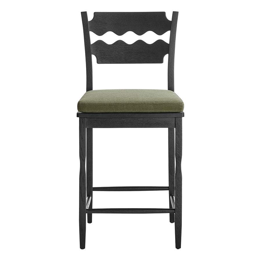 Lennox Oak Wood Counter Stool With Wavy Razor Back and Cushion in Black Sage
