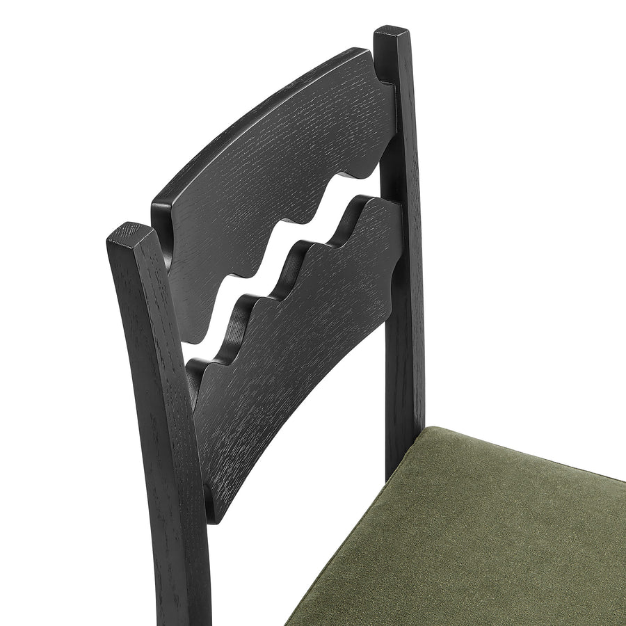 Lennox Oak Wood Counter Stool With Wavy Razor Back and Cushion in Black Sage