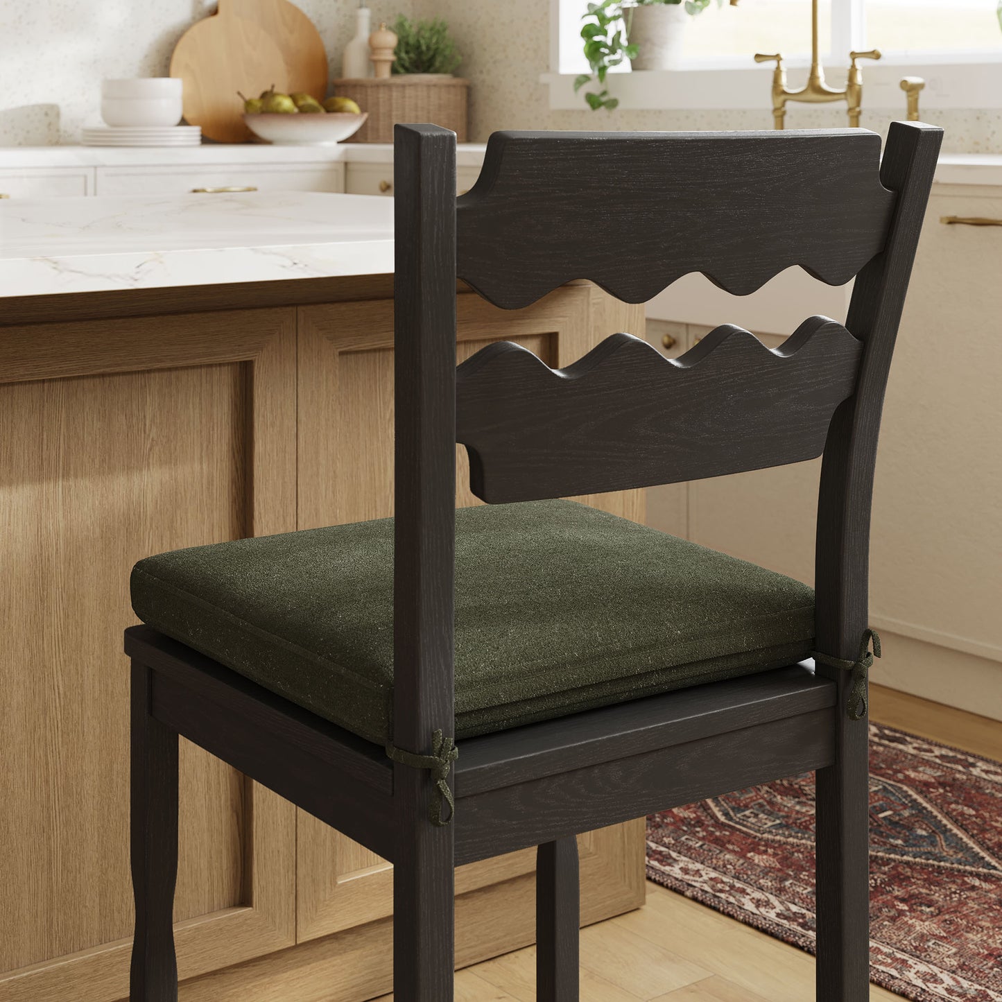 Lennox Oak Wood Counter Stool With Wavy Razor Back and Cushion in Black Sage