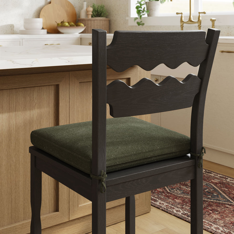 Lennox Oak Wood Counter Stool With Wavy Razor Back and Cushion in Black Sage