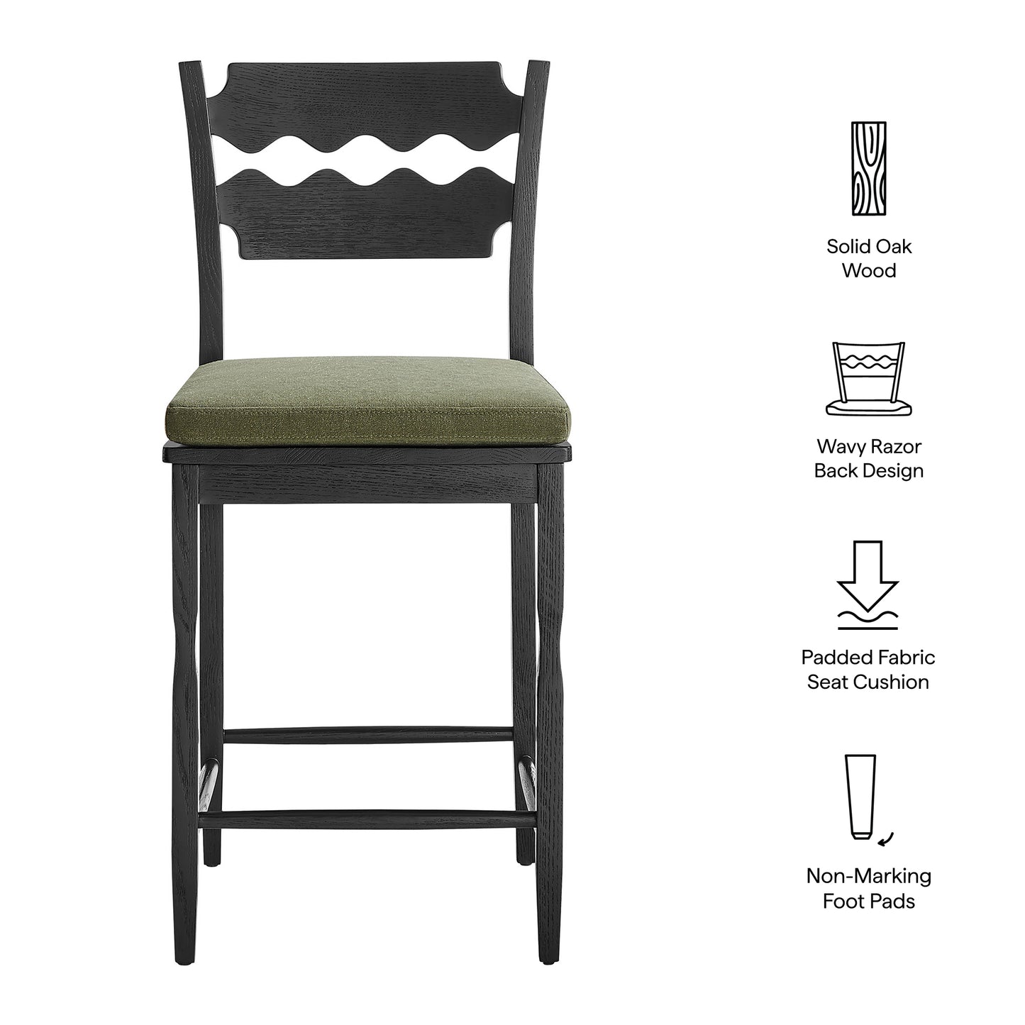 Lennox Oak Wood Counter Stool With Wavy Razor Back and Cushion in Black Sage