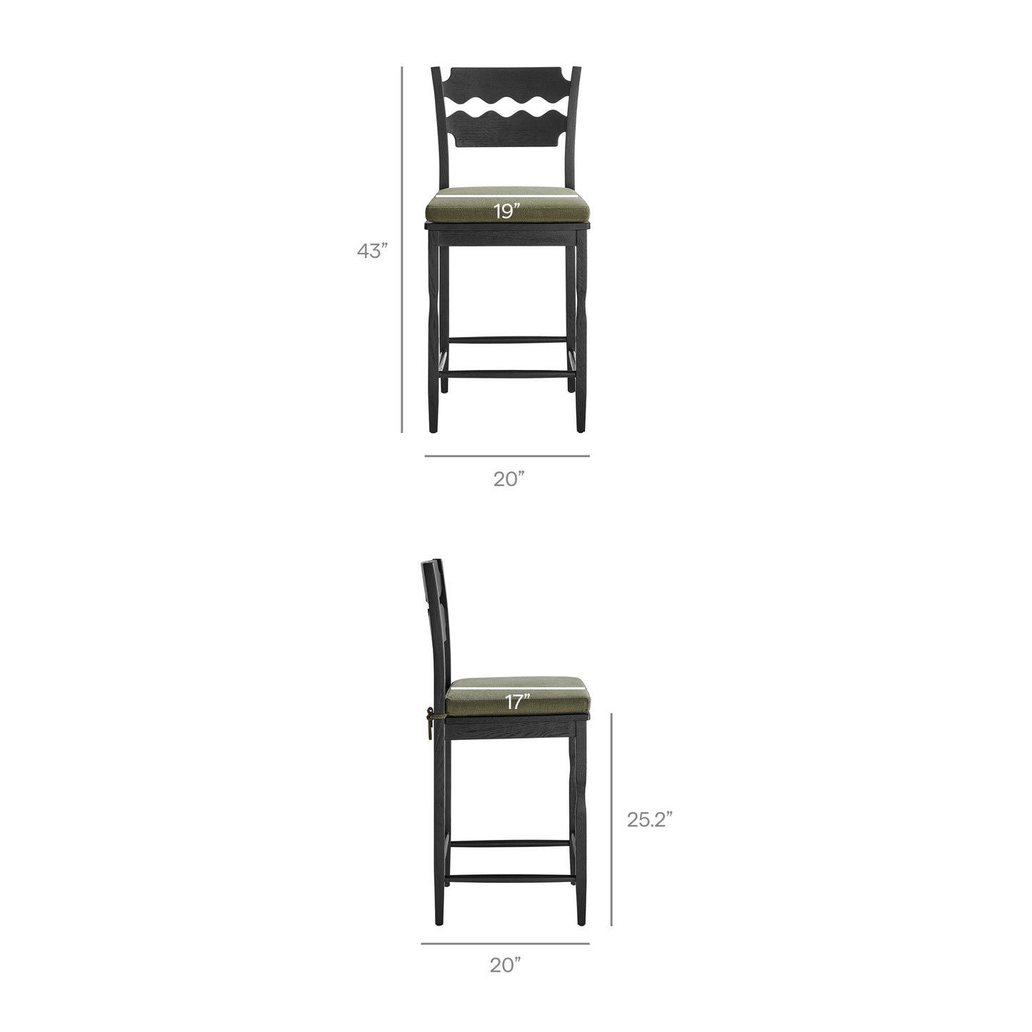 Lennox Oak Wood Counter Stool With Wavy Razor Back and Cushion in Black Sage