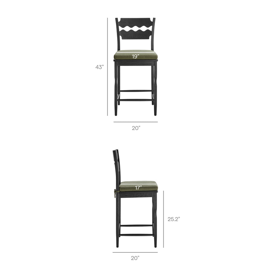Lennox Oak Wood Counter Stool With Wavy Razor Back and Cushion in Black Sage