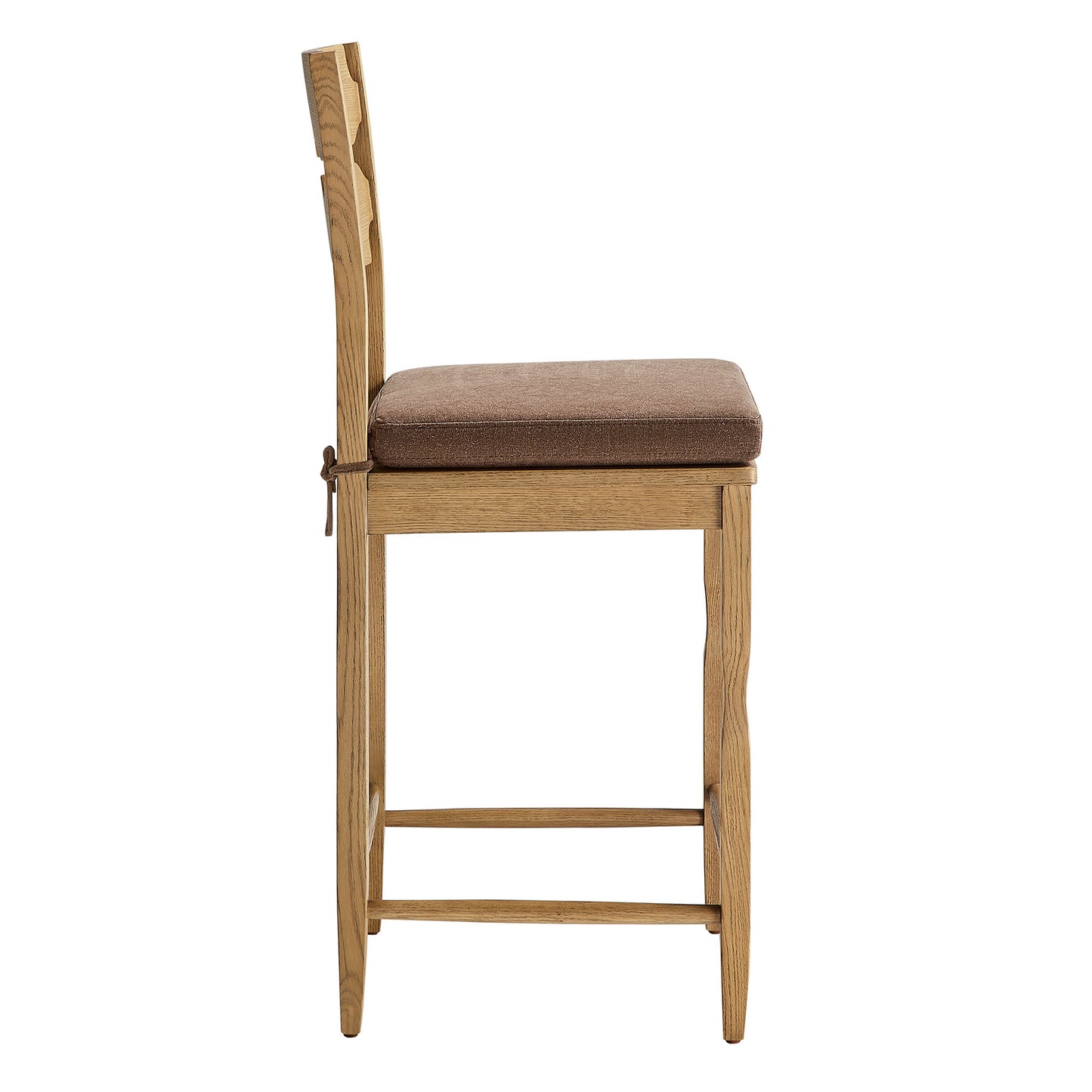 Lennox Oak Wood Counter Stool With Wavy Razor Back and Cushion in Weathered Oak Cocoa