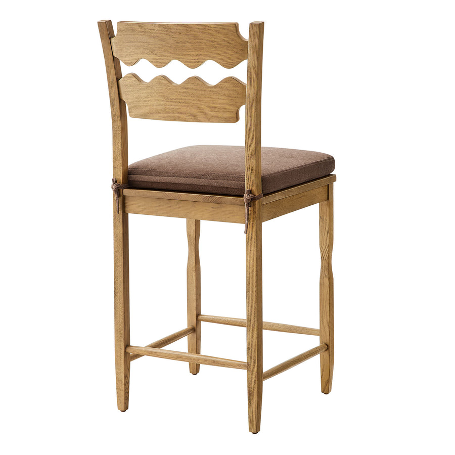 Lennox Oak Wood Counter Stool With Wavy Razor Back and Cushion in Weathered Oak Cocoa