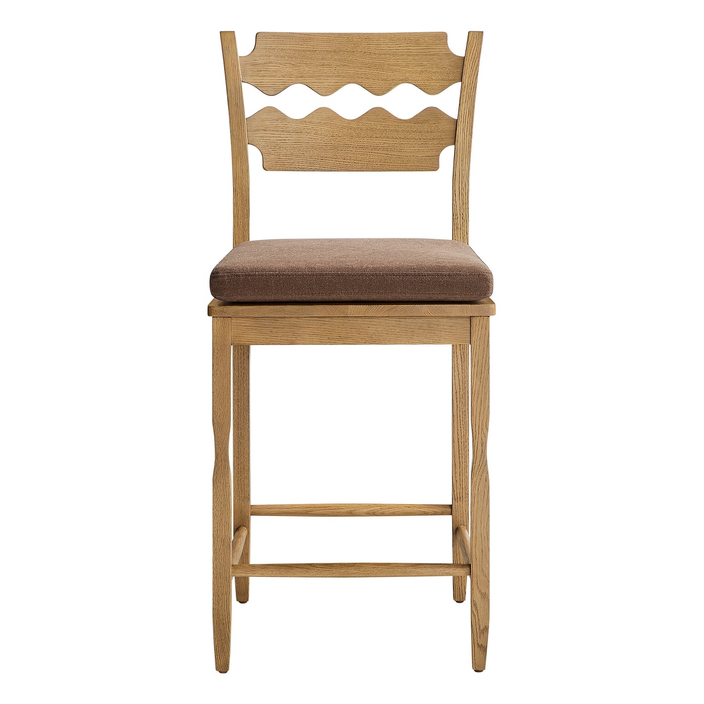 Lennox Oak Wood Counter Stool With Wavy Razor Back and Cushion in Weathered Oak Cocoa