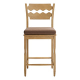 Lennox Oak Wood Counter Stool With Wavy Razor Back and Cushion in Weathered Oak Cocoa
