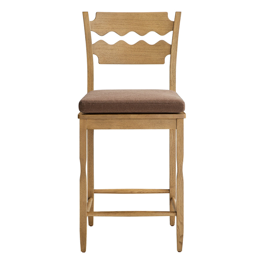 Lennox Oak Wood Counter Stool With Wavy Razor Back and Cushion in Weathered Oak Cocoa