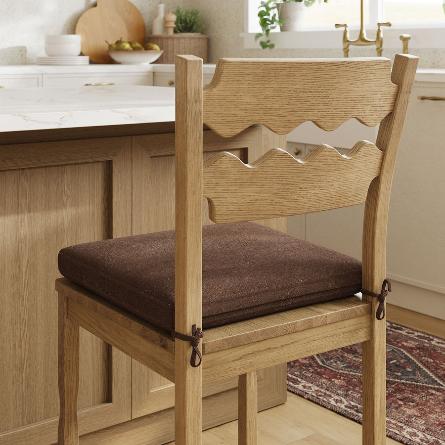 Lennox Oak Wood Counter Stool With Wavy Razor Back and Cushion in Weathered Oak Cocoa