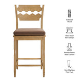 Lennox Oak Wood Counter Stool With Wavy Razor Back and Cushion in Weathered Oak Cocoa
