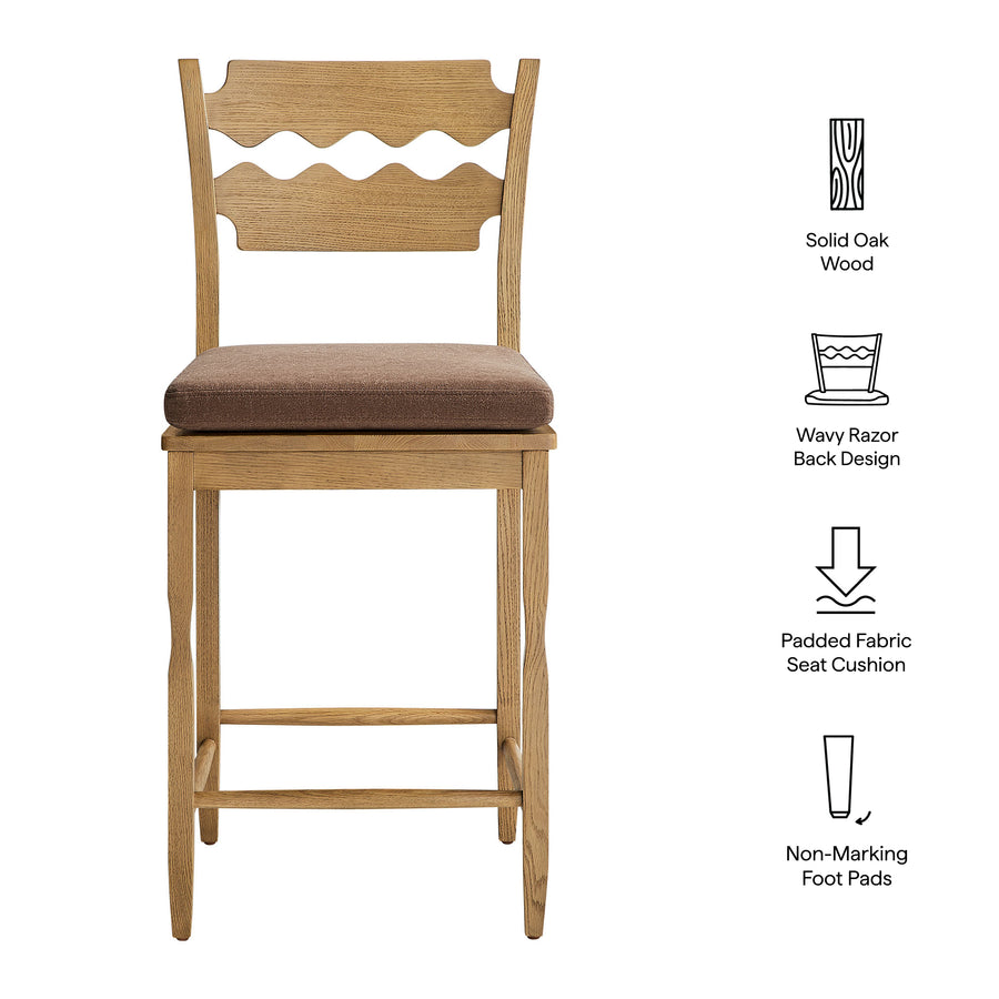 Lennox Oak Wood Counter Stool With Wavy Razor Back and Cushion in Weathered Oak Cocoa