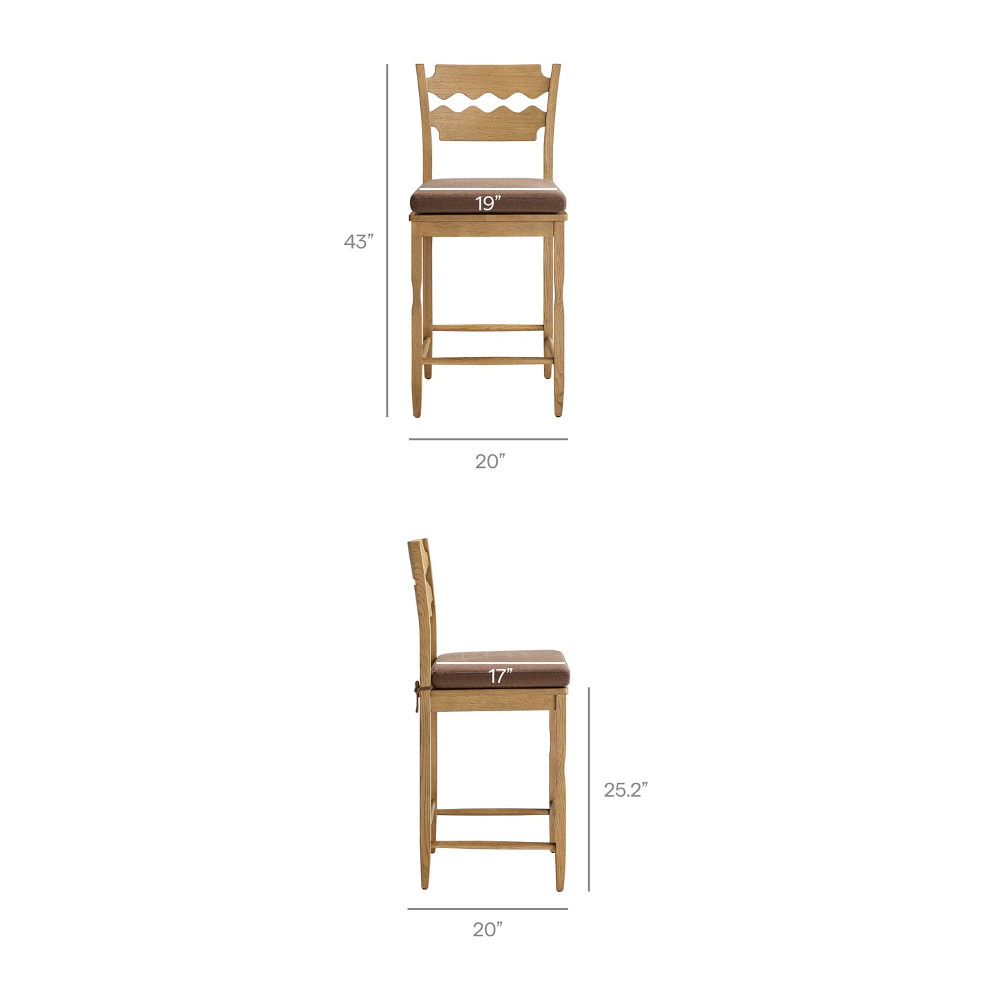 Lennox Oak Wood Counter Stool With Wavy Razor Back and Cushion in Weathered Oak Cocoa