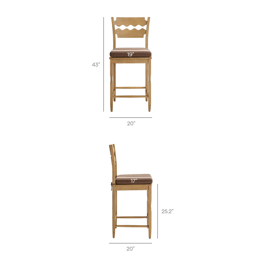 Lennox Oak Wood Counter Stool With Wavy Razor Back and Cushion in Weathered Oak Cocoa