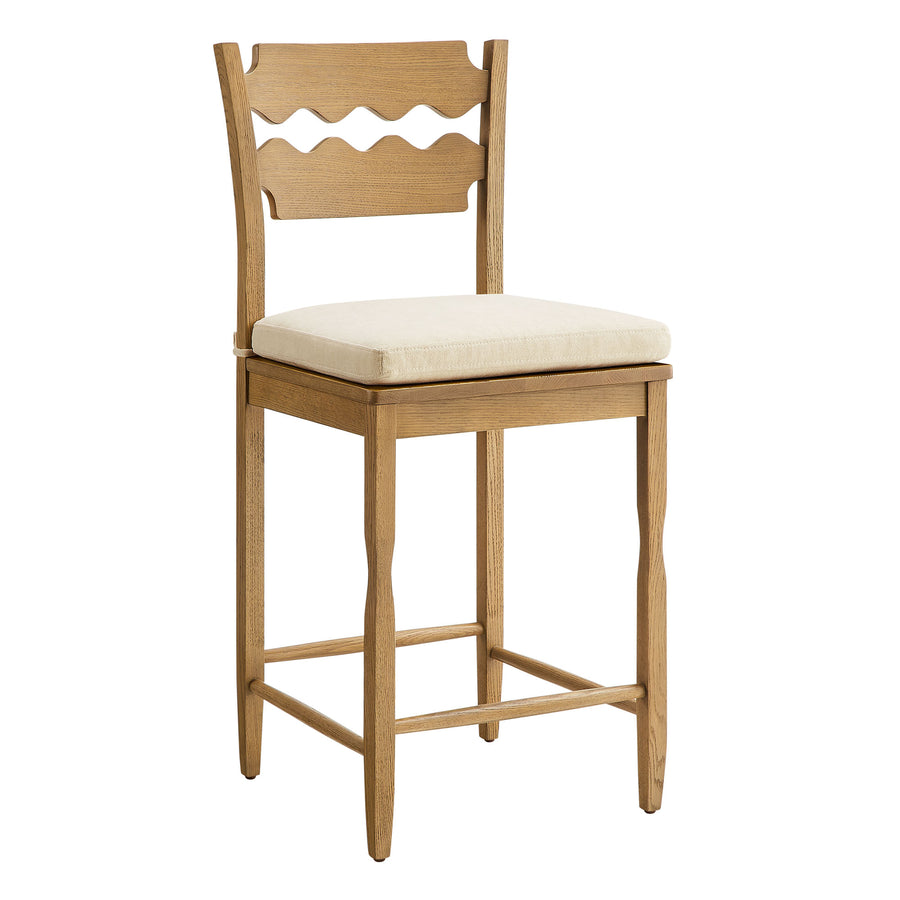 Lennox Oak Wood Counter Stool With Wavy Razor Back and Cushion in Weathered Oak Linen