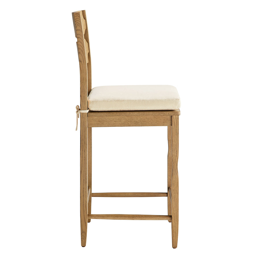 Lennox Oak Wood Counter Stool With Wavy Razor Back and Cushion in Weathered Oak Linen
