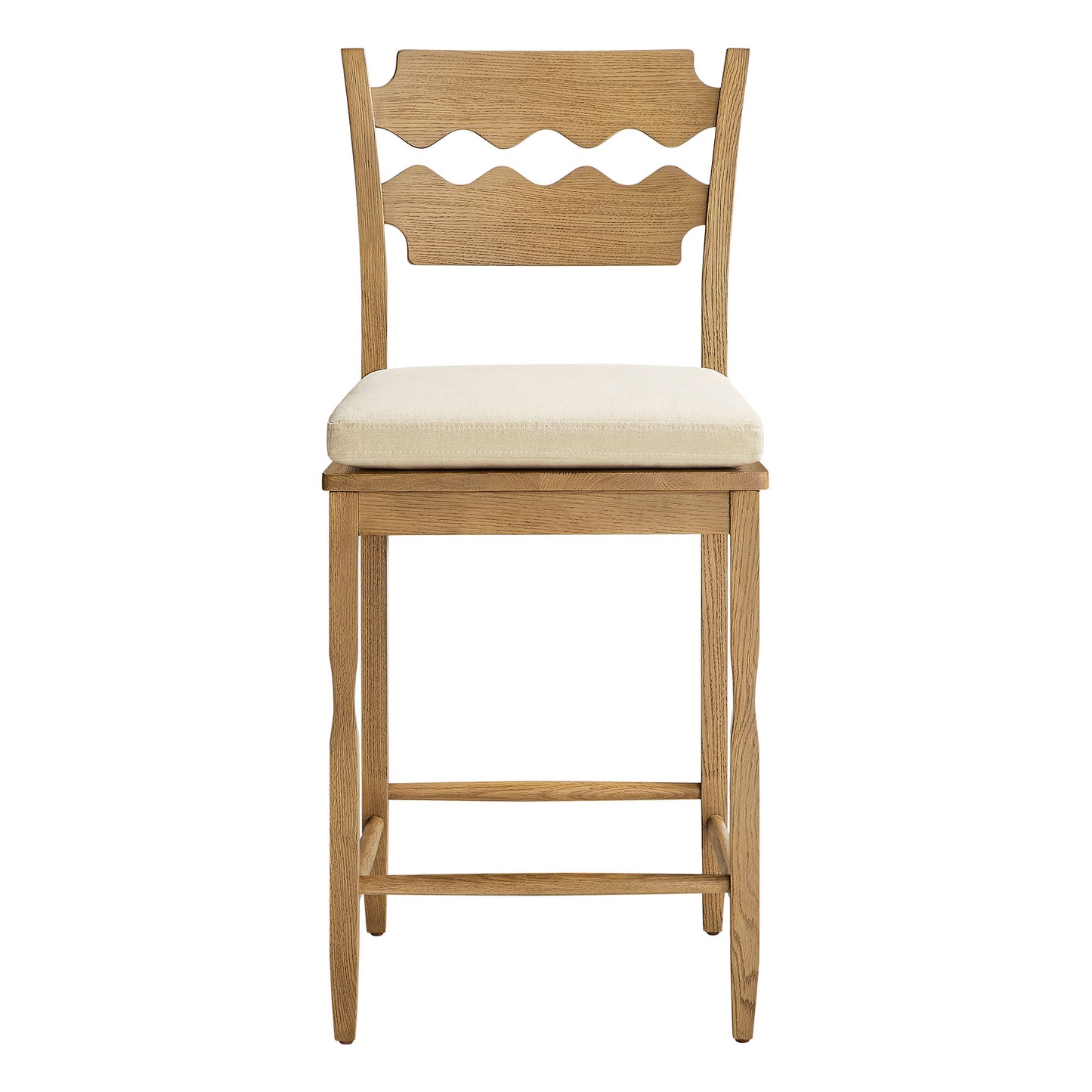 Lennox Oak Wood Counter Stool With Wavy Razor Back and Cushion in Weathered Oak Linen