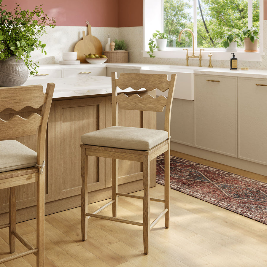 Lennox Oak Wood Counter Stool With Wavy Razor Back and Cushion in Weathered Oak Linen
