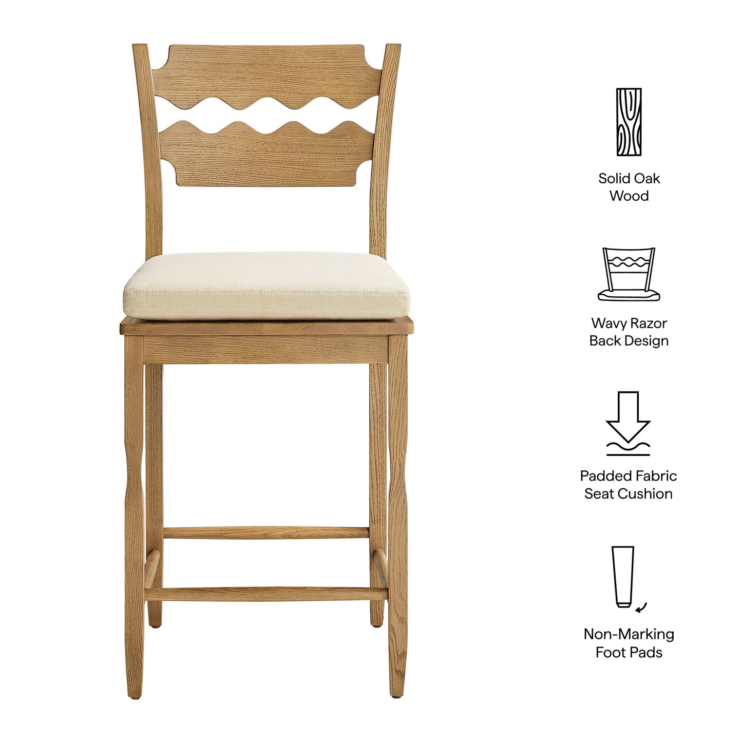 Lennox Oak Wood Counter Stool With Wavy Razor Back and Cushion in Weathered Oak Linen