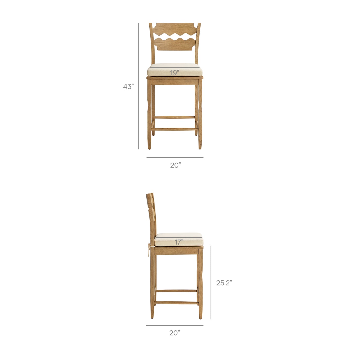 Lennox Oak Wood Counter Stool With Wavy Razor Back and Cushion in Weathered Oak Linen