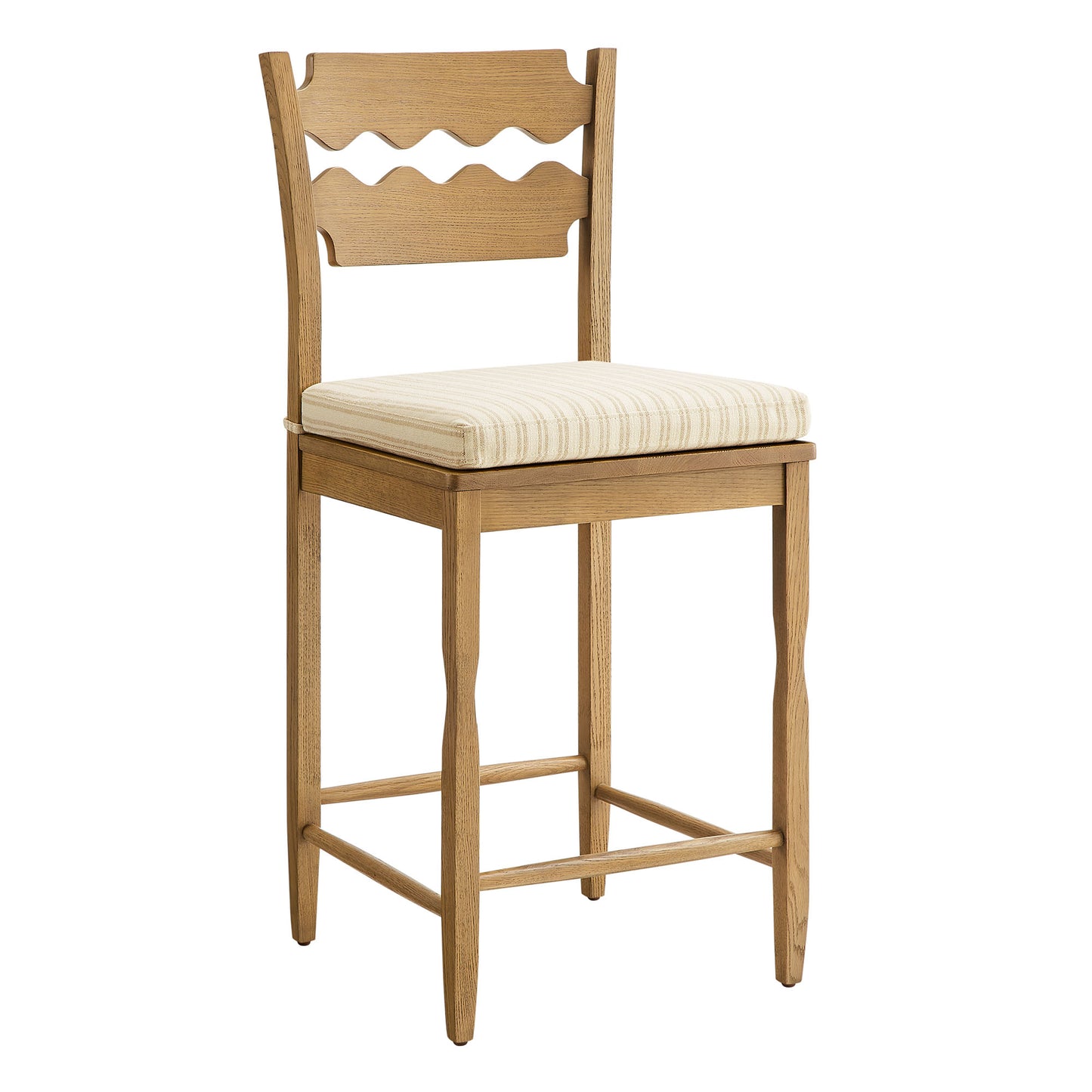 Lennox Oak Wood Counter Stool With Wavy Razor Back and Cushion in Weathered Oak Oatmeal Stripe