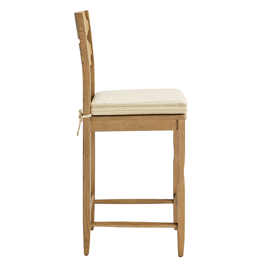 Lennox Oak Wood Counter Stool With Wavy Razor Back and Cushion in Weathered Oak Oatmeal Stripe