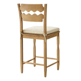 Lennox Oak Wood Counter Stool With Wavy Razor Back and Cushion in Weathered Oak Oatmeal Stripe