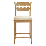 Lennox Oak Wood Counter Stool With Wavy Razor Back and Cushion in Weathered Oak Oatmeal Stripe