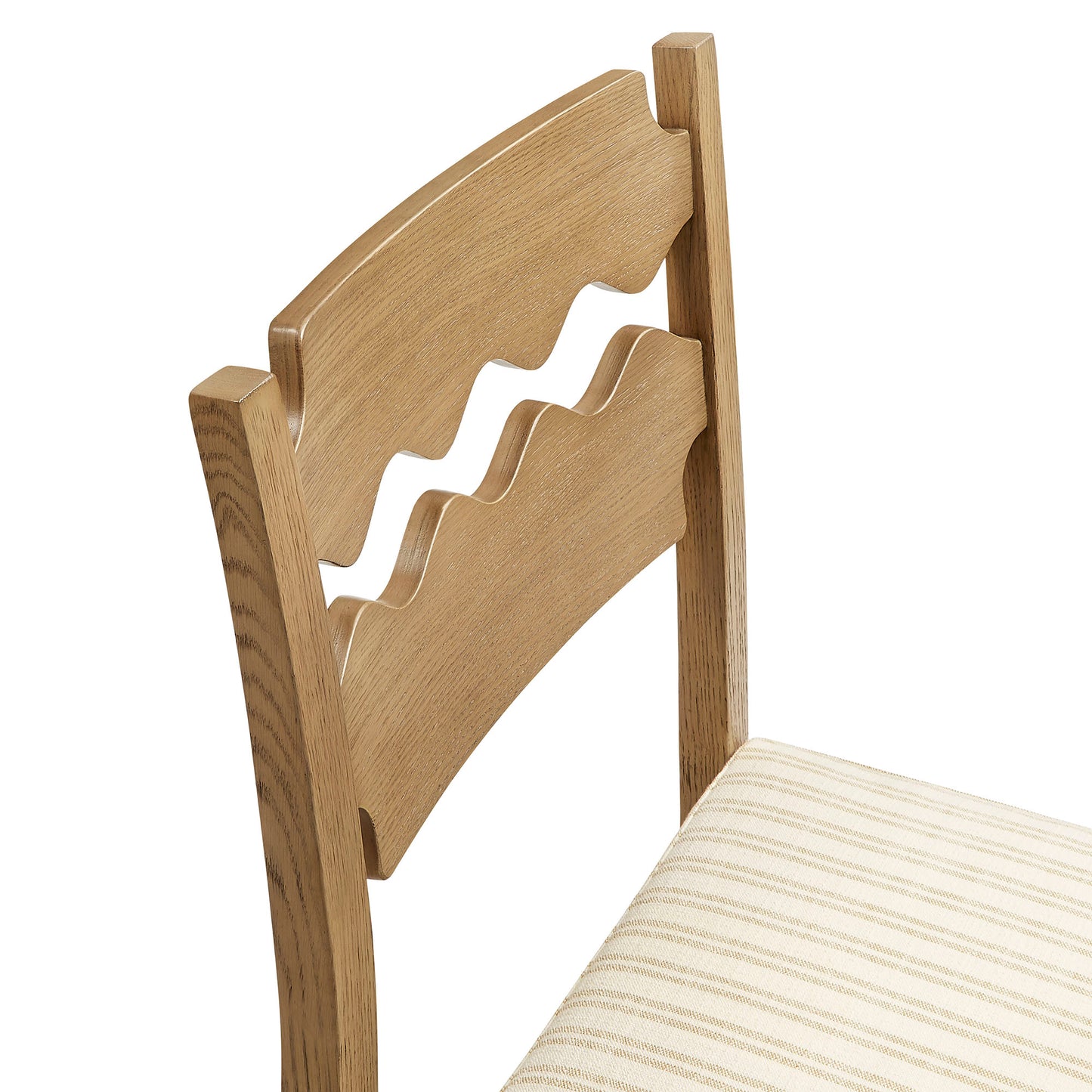 Lennox Oak Wood Counter Stool With Wavy Razor Back and Cushion in Weathered Oak Oatmeal Stripe