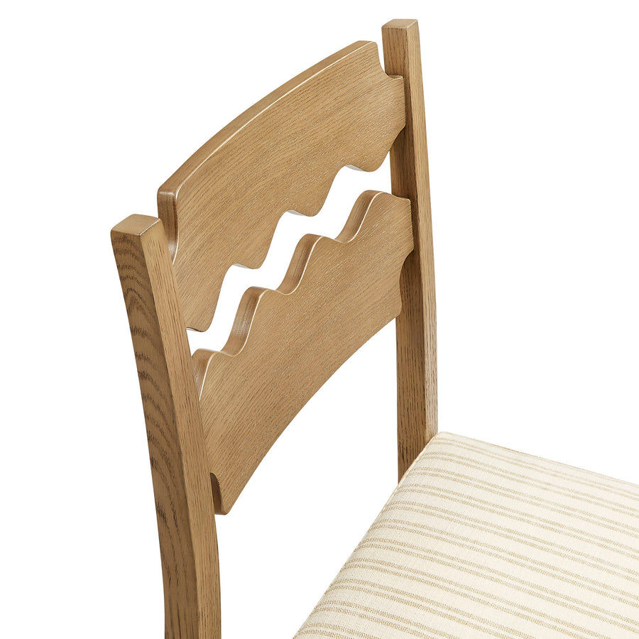 Lennox Oak Wood Counter Stool With Wavy Razor Back and Cushion in Weathered Oak Oatmeal Stripe