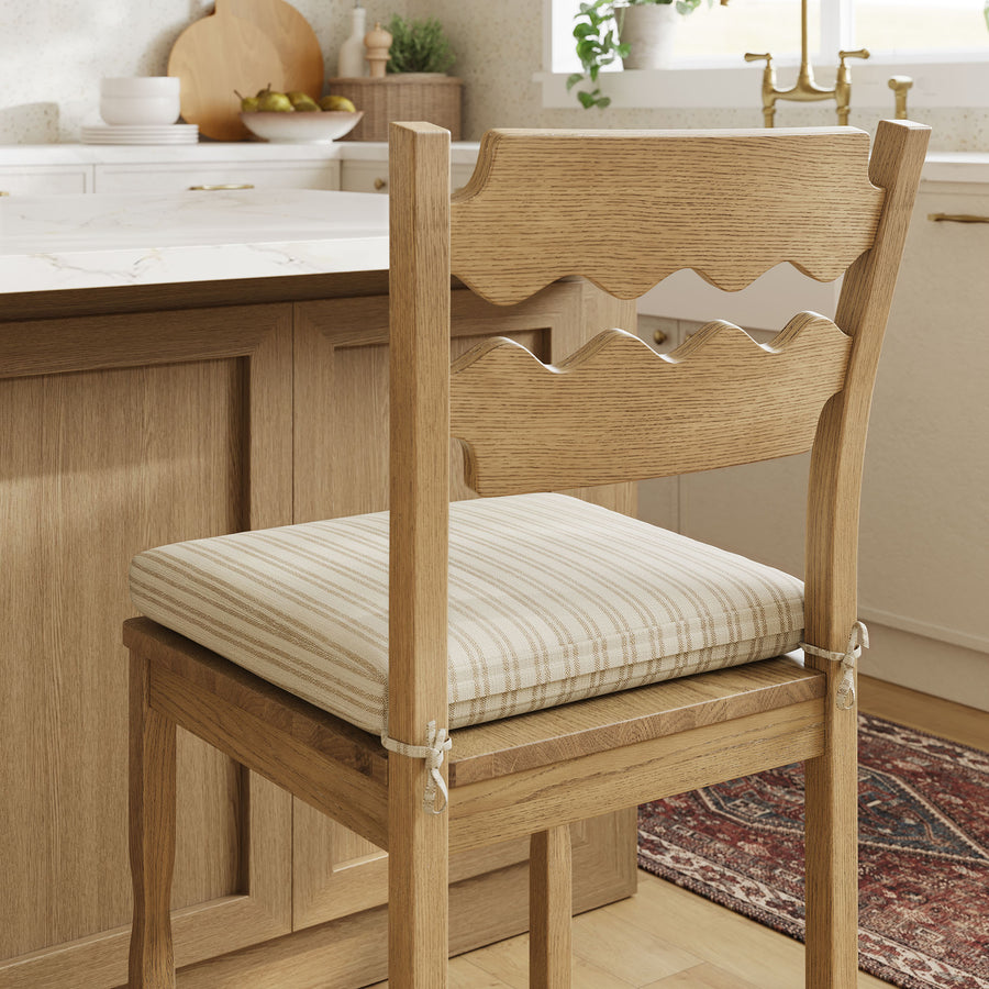 Lennox Oak Wood Counter Stool With Wavy Razor Back and Cushion in Weathered Oak Oatmeal Stripe
