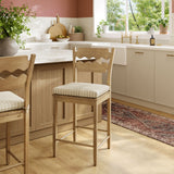 Lennox Oak Wood Counter Stool With Wavy Razor Back and Cushion in Weathered Oak Oatmeal Stripe