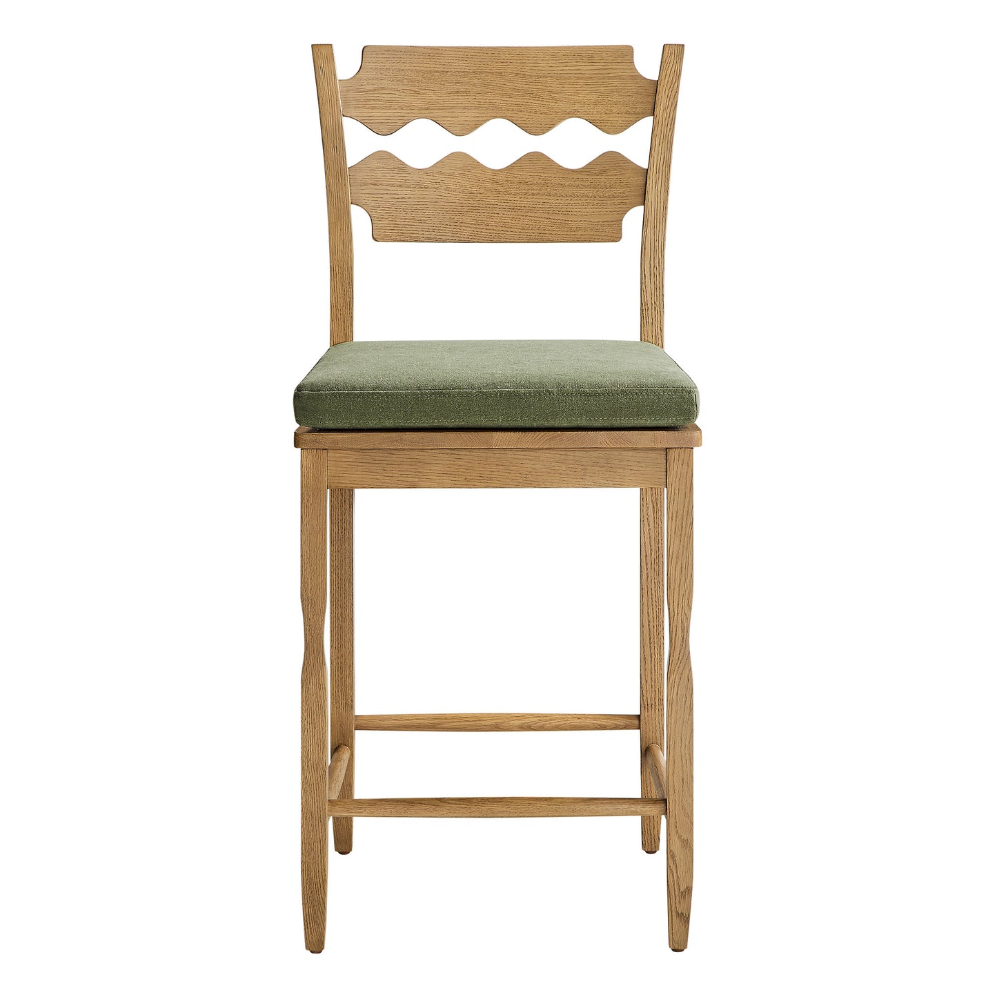 Lennox Oak Wood Counter Stool With Wavy Razor Back and Cushion in Weathered Oak Sage